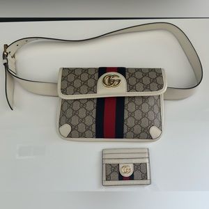 Authentic Gucci GG Supreme Monogram Ophidia Belt Bag with matching card case